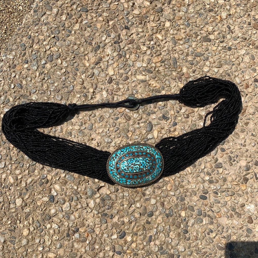 Vintage Beaded Belt with Turquoise Buckle